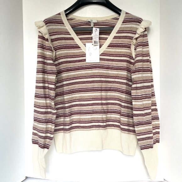 Joie V-Neck Sweater - Cream and Brown Stripes - Picture 2 of 9